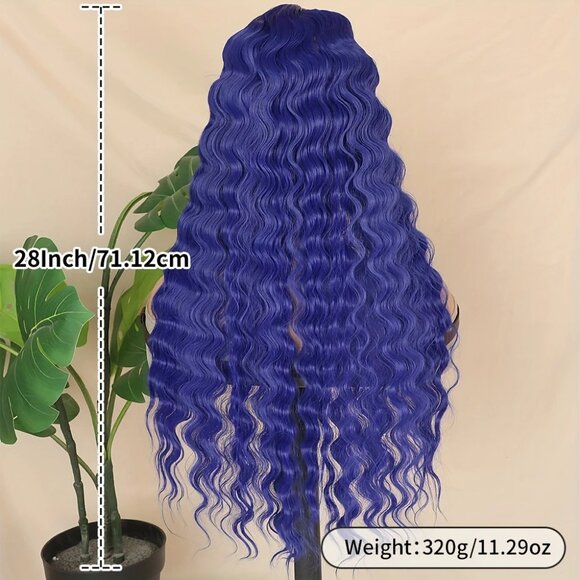 Vivid Blue 28" Deep Wave Lace Front Wig HD Transparent Glueless 180% - Picture 7 of 8